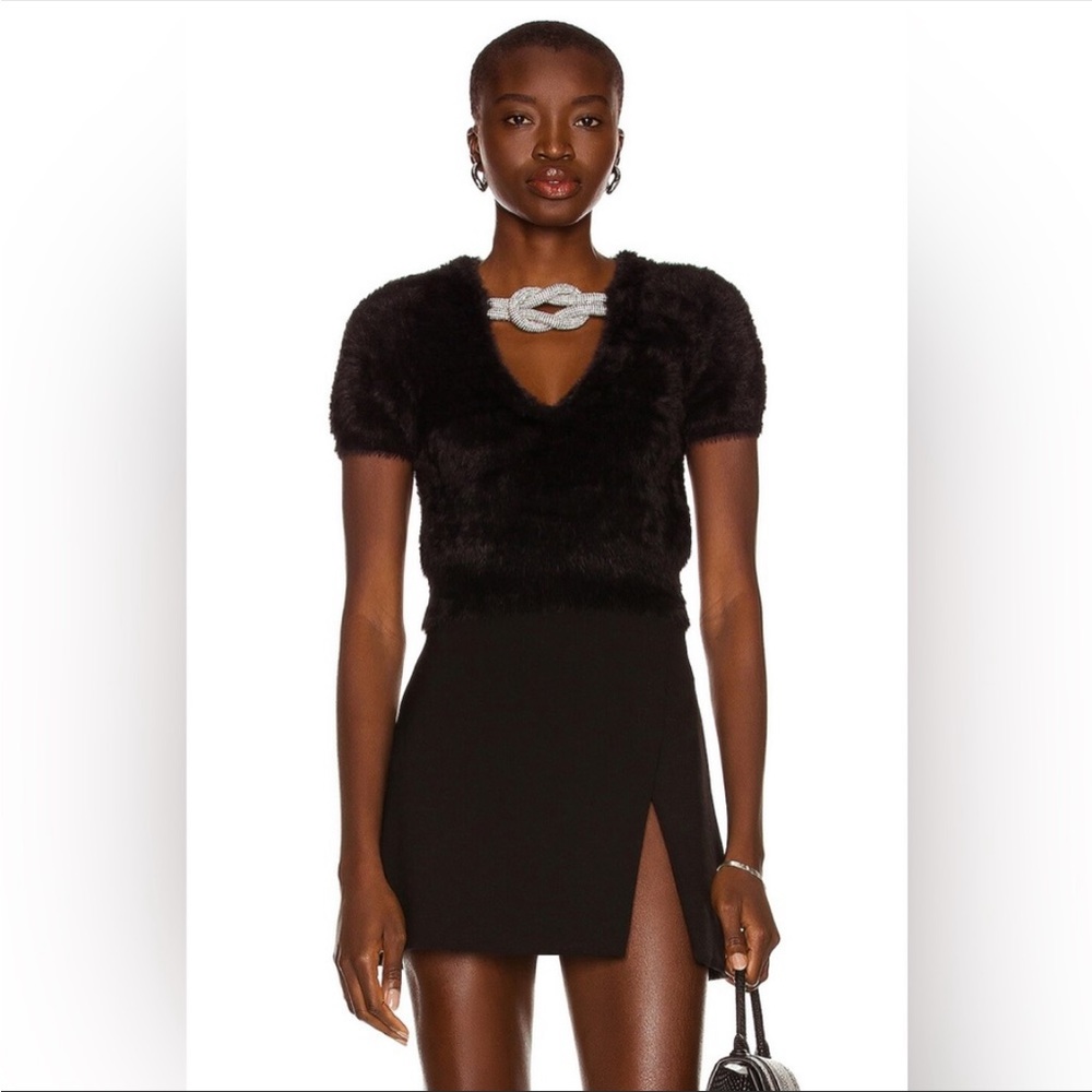 Alexander Wang Black Short Sleeve Faux-Fur V-Neck Top